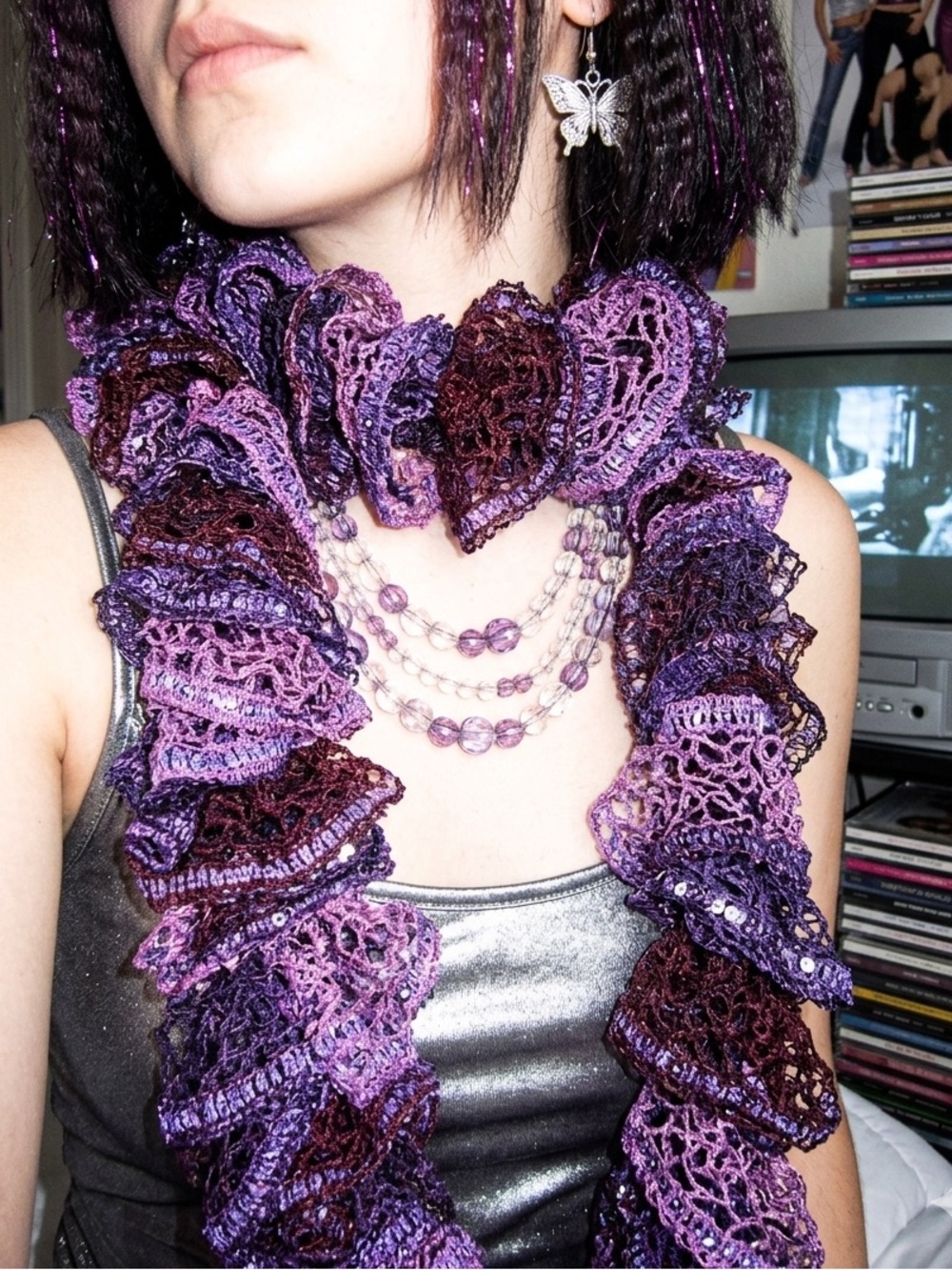 Y2K purple sequin ruffled scarf